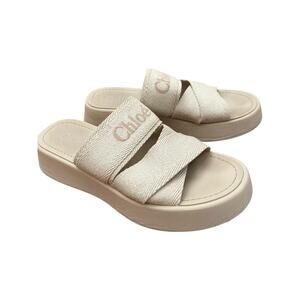 Chloe Mila Canvas Platform Sandals Logo Cream Color Size 39